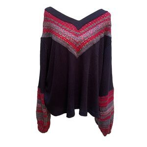 Free People We The Free Lovin Leopard Waffle Thermal Top Medium V-Neck Boho Blue